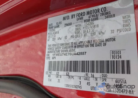 2006 Ford Explorer Eddie Bauer from USA, damaged, VIN 1FMEU74E76UA42557